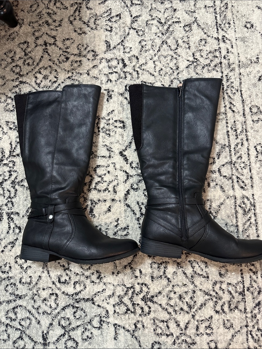 Life Stride Black Riding Boots with Ankle Strap and silver tone trim